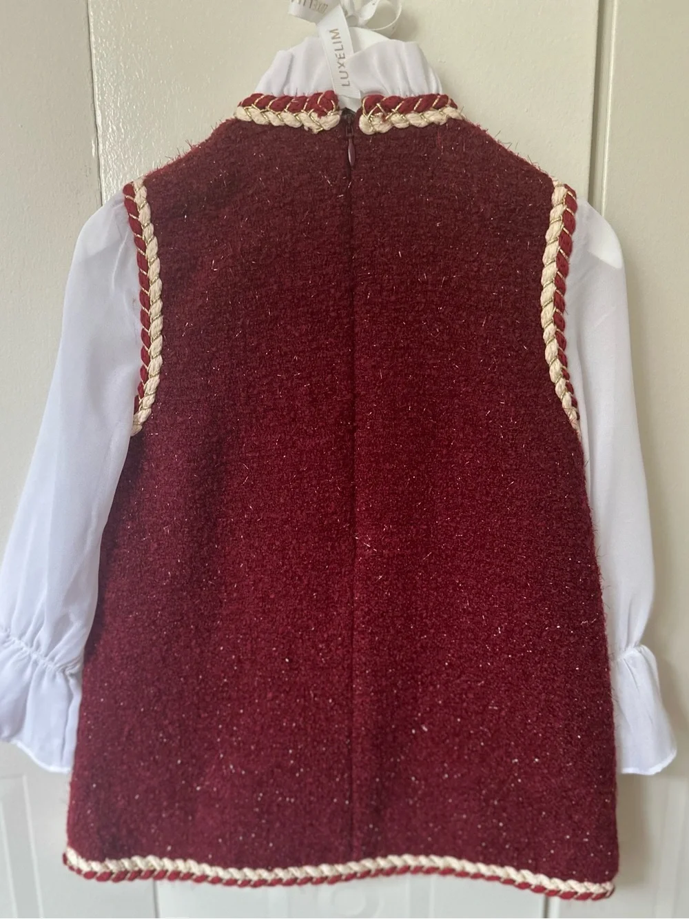 Luxelim Girls Burgundy Tweed Pinafore Dress with Velvet Bow Accent
